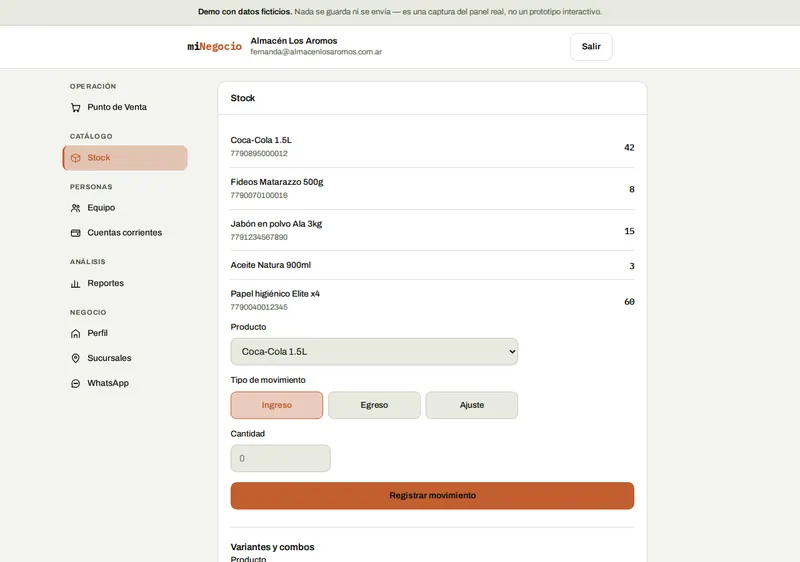 Panel de Stock: catálogo con el stock actual de cada producto y el formulario para registrar un movimiento.